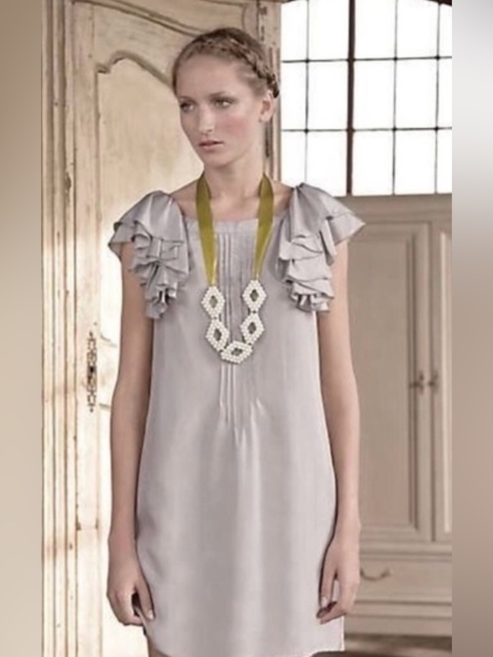 Anthropologie Light Gray Ruffle-Sleeve Shift Dress